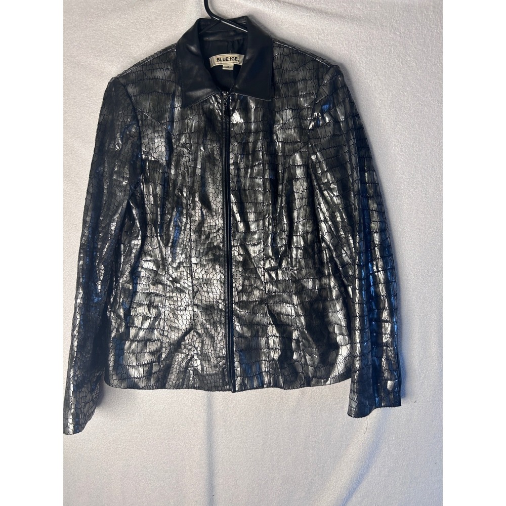 Blue Ice Black Metallic Silver Faux Leather Crocodile  Zip Jacket Womens 8